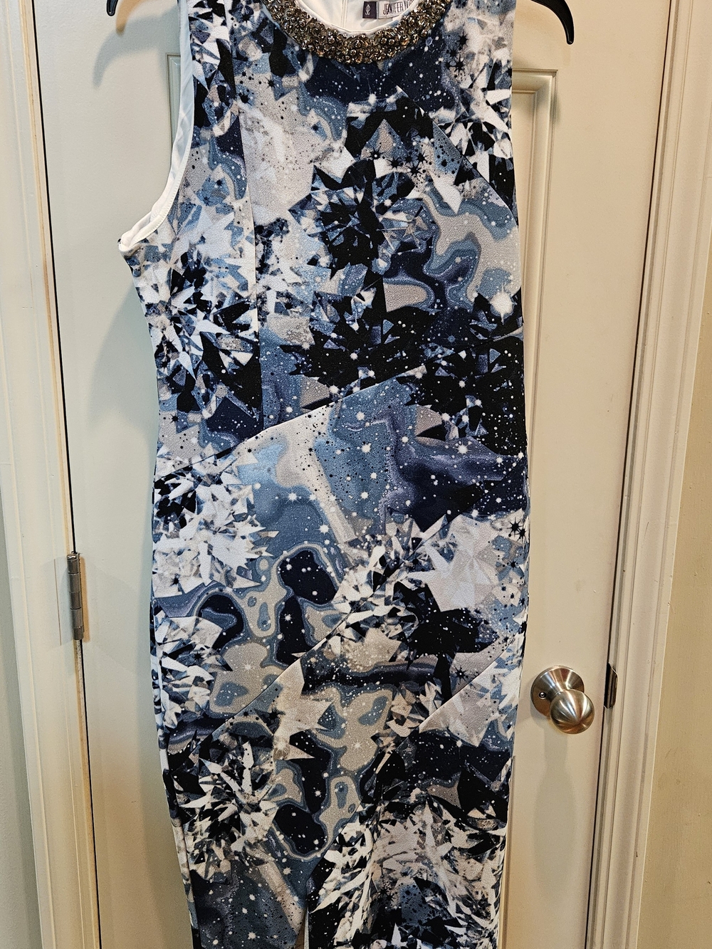 Jennifer Lopez Bejeweled-Neck Blue and White Abstract Midi Dress